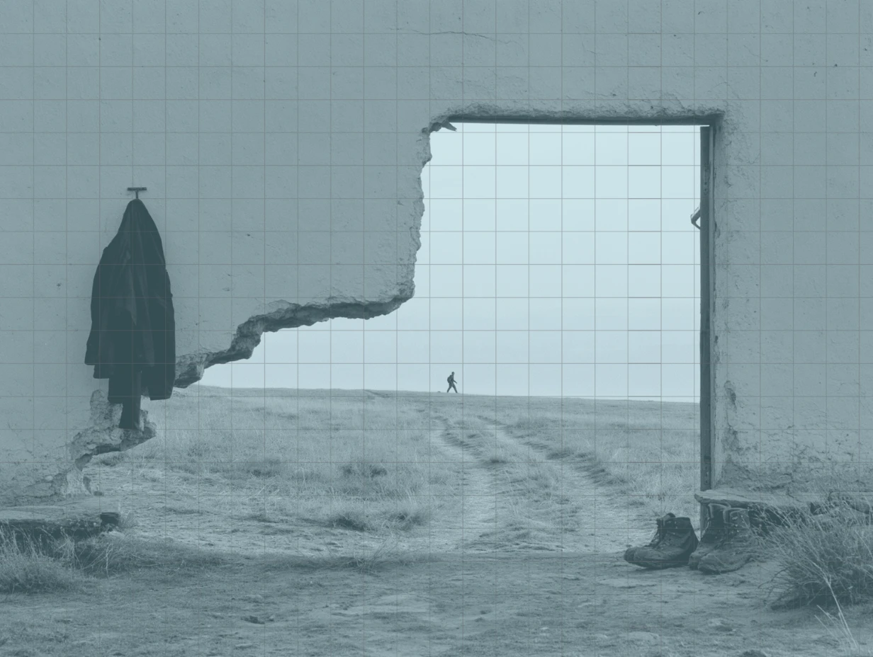 A doorway knocked through a wall onto open moorland, with a coat hanging on a peg and a lone walker on the track beyond