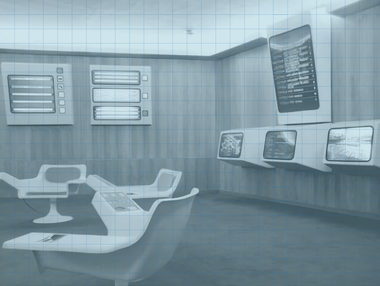 The Project Cybersyn operations room: white fibreglass swivel chairs with buttons set into the armrests, facing wall-mounted display screens