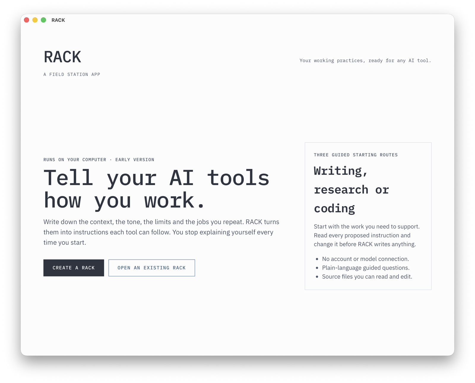 The RACK opening screen: 'Tell your AI tools how you work', with buttons to create or open a rack, and a panel offering guided starting routes for writing, research or coding
